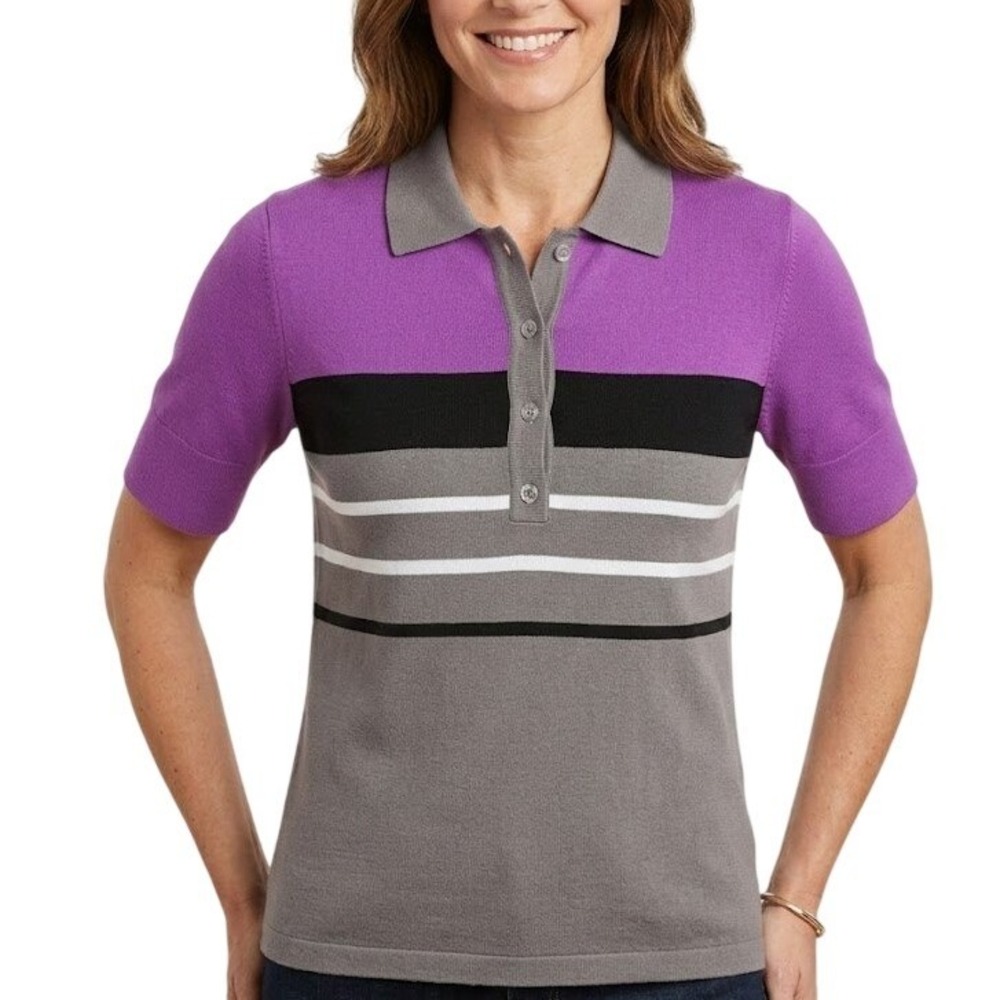 Jamie Sadock Womens Purple Grey Striped Short Sleeve Knit Polo Golf Sweater M‎